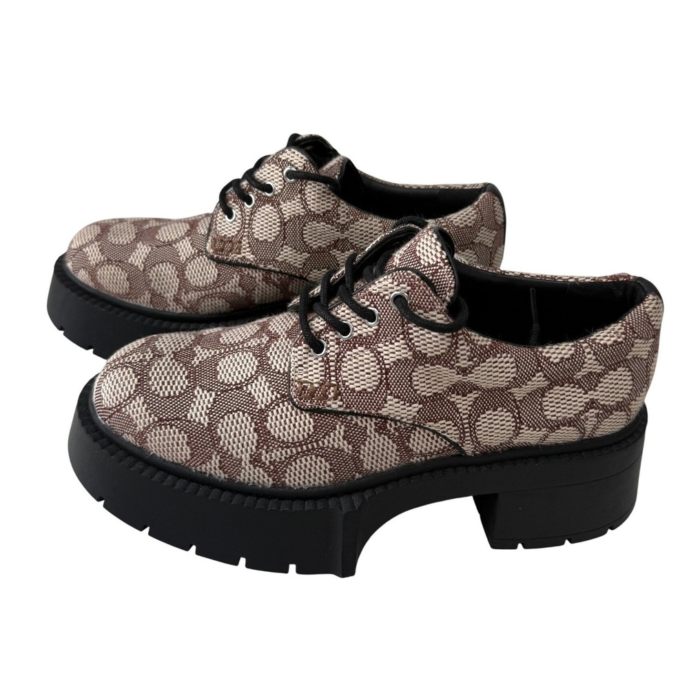 Coach Lyla Signature Jacquard Chunky Platform Derby Shoes Brown Tan 6.5B New
